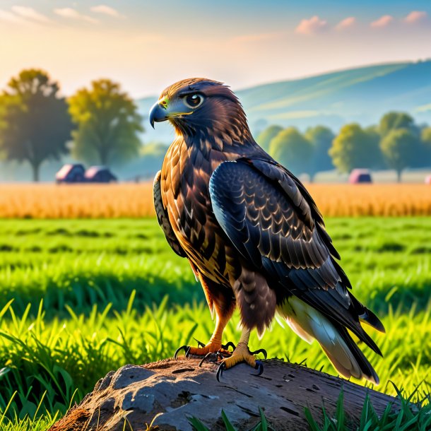 Photo of a waiting of a hawk on the field