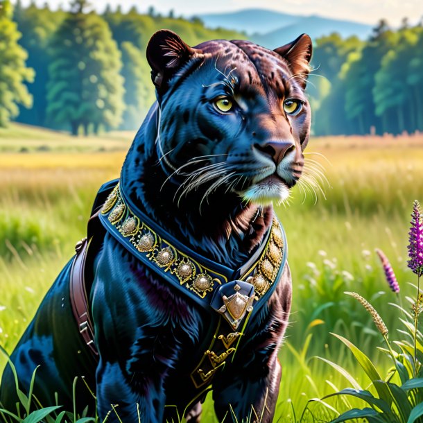 Image of a panther in a vest in the meadow