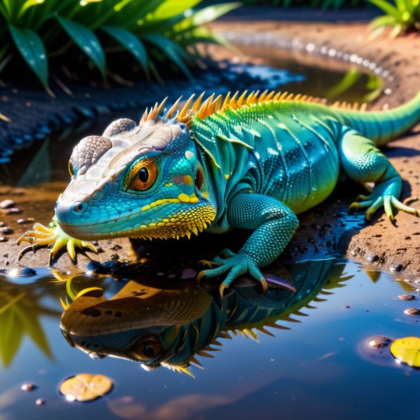 Image of a resting of a lizard in the puddle