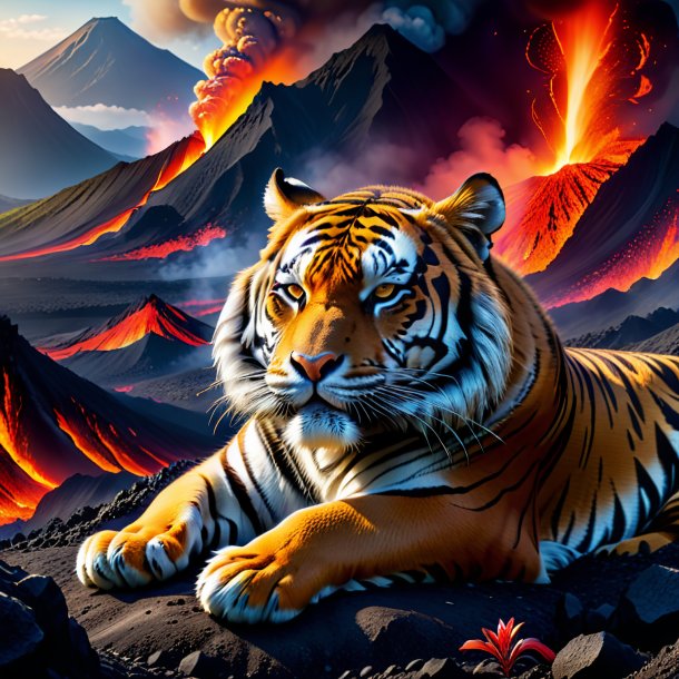 Photo of a sleeping of a tiger in the volcano