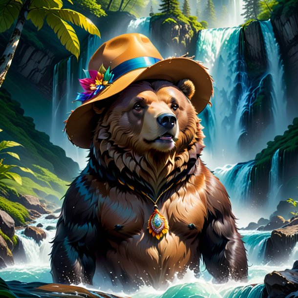 Illustration of a bear in a hat in the waterfall