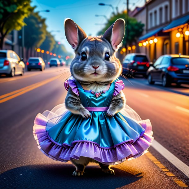 Photo d'une chinchillas dans une robe sur la route