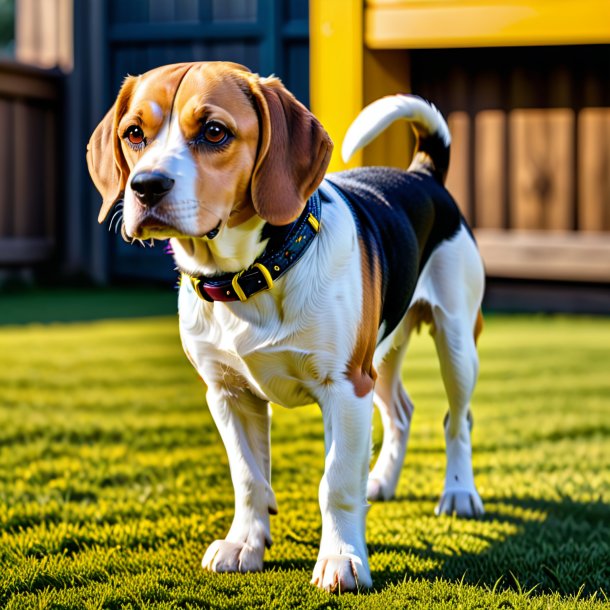 Imagem de um beagle em um jeans amarelo