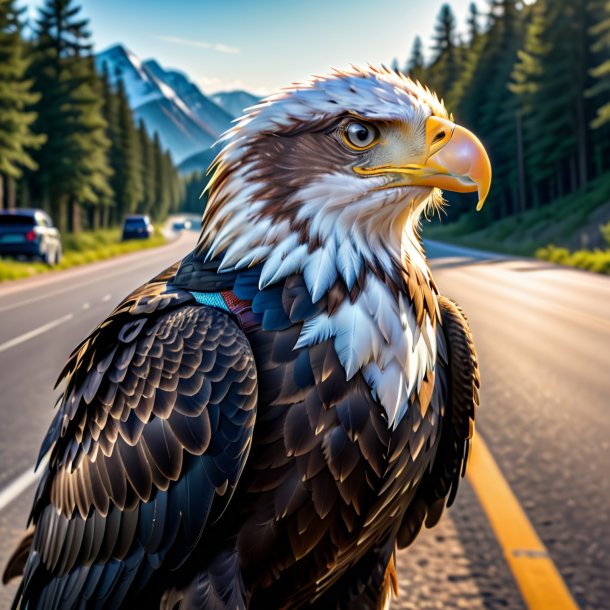 Imagem de uma águia em um colete na estrada