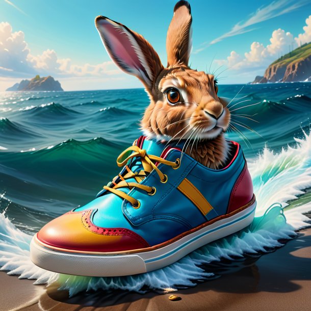 Drawing of a hare in a shoes in the sea