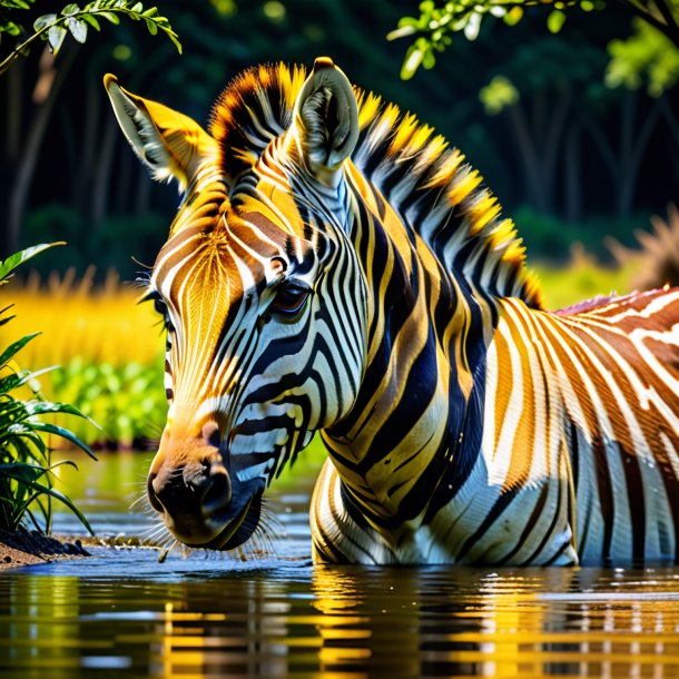 Foto de uma zebra amarela bebendo