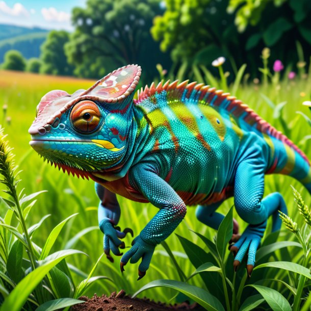 Picture of a jumping of a chameleon in the meadow