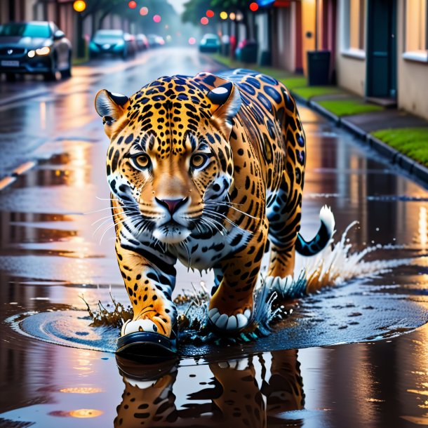 Image of a jaguar in a shoes in the puddle