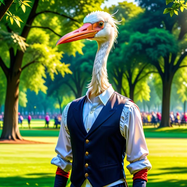 Photo of a stork in a vest in the park