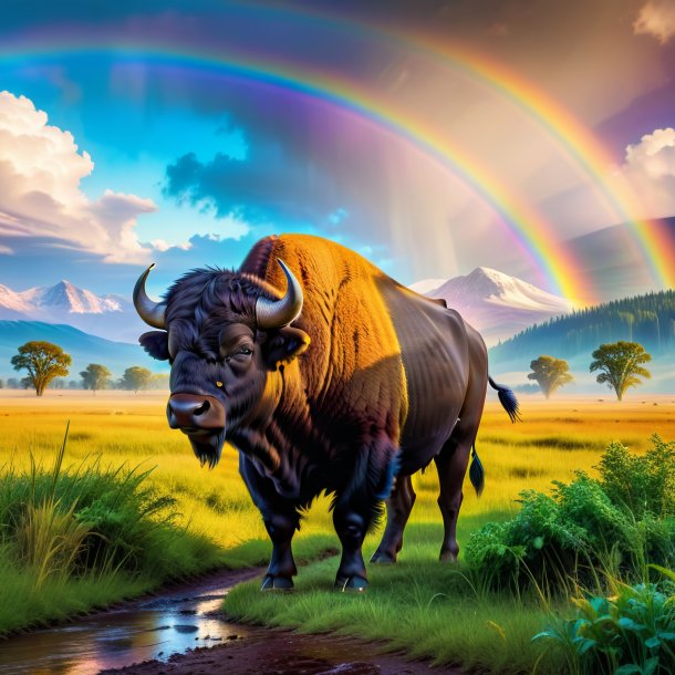 Picture of a waiting of a buffalo on the rainbow