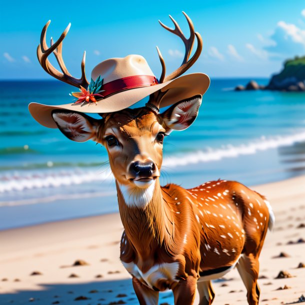 Image of a deer in a hat on the beach