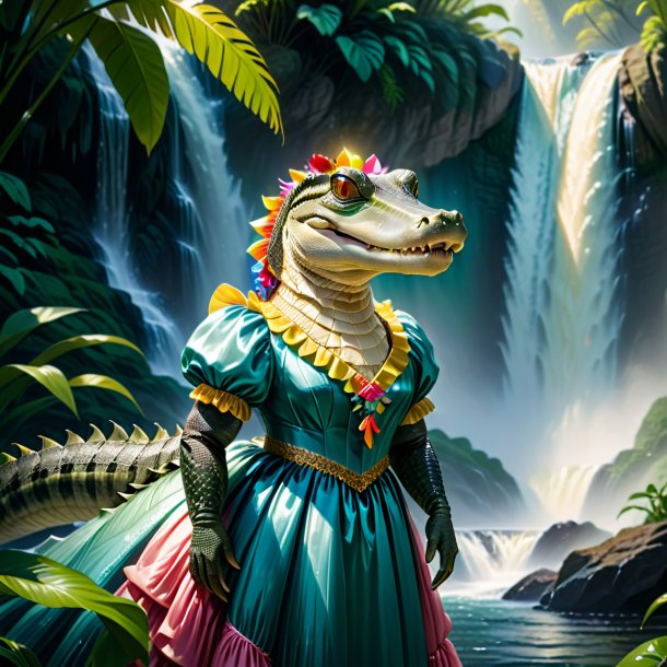 Illustration of a alligator in a dress in the waterfall