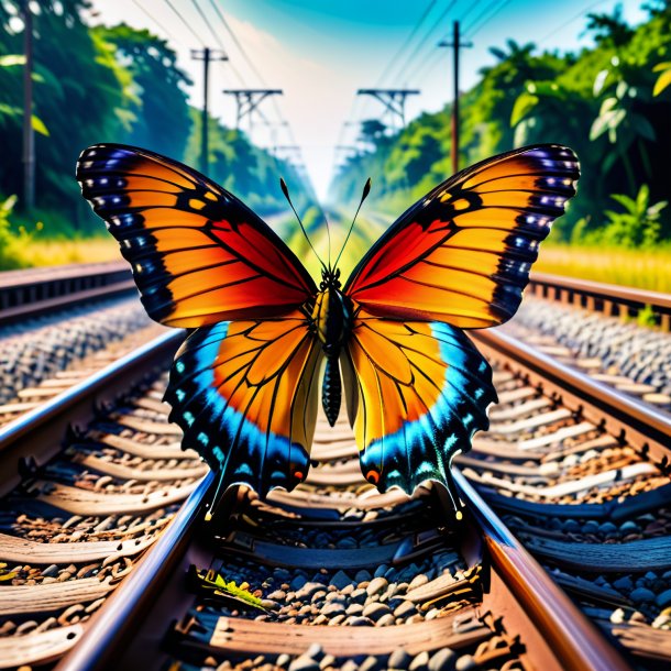 Foto de un enojado de una mariposa en las vías del ferrocarril