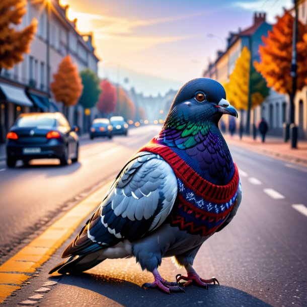 Foto de um pombo em um suéter na estrada