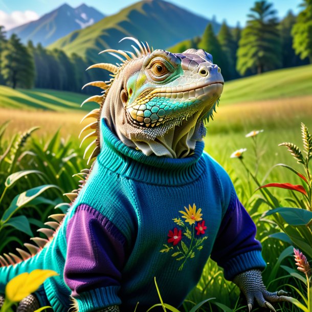 Photo of a iguana in a sweater in the meadow