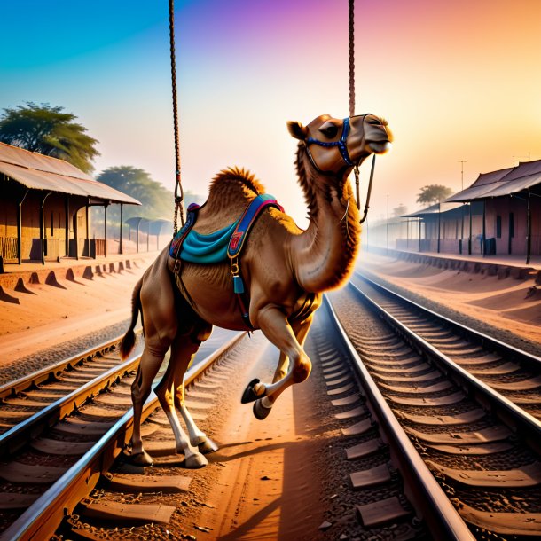 Image of a swinging on a swing of a camel on the railway tracks