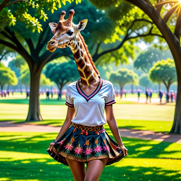 Foto de uma girafa em uma saia no parque