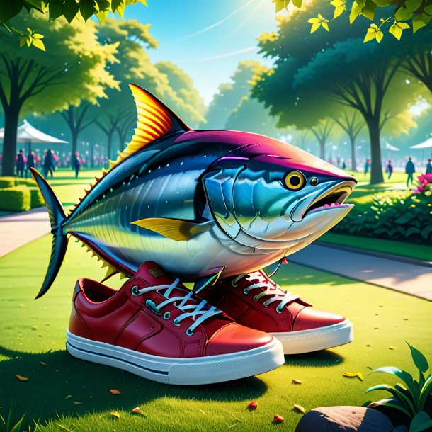 Illustration d'un thon dans une chaussure dans le parc