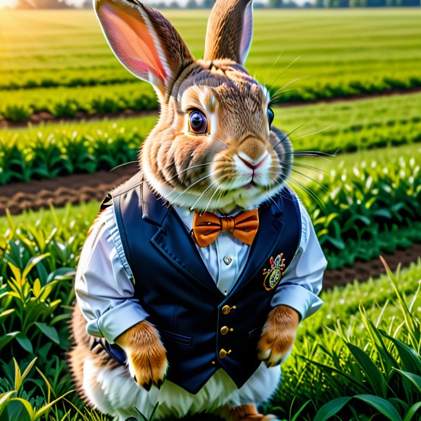 Foto de un conejo en un chaleco en el campo