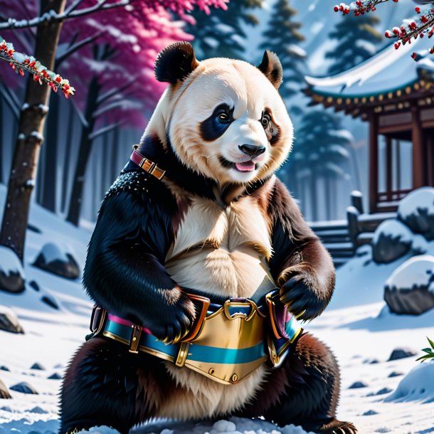 Pic of a giant panda in a belt in the snow
