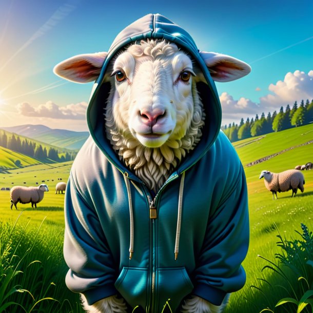 Picture of a sheep in a hoodie in the meadow