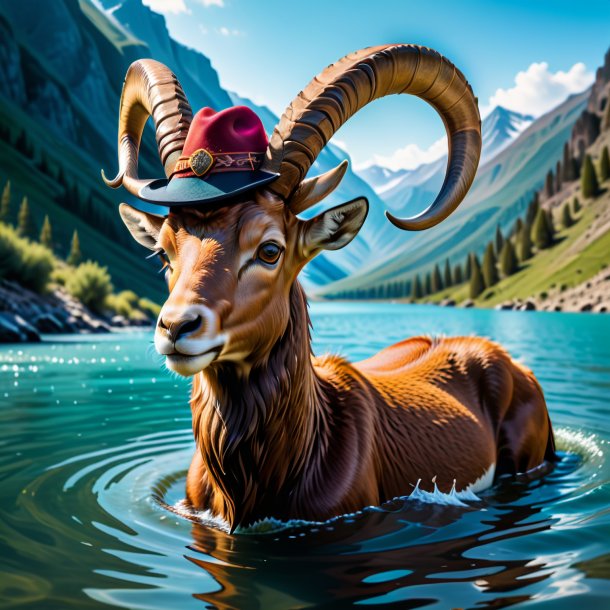 Image of a ibex in a hat in the water