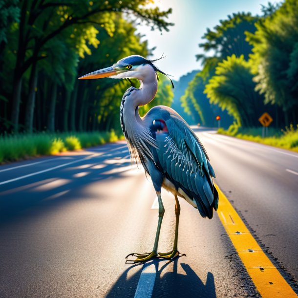 Image of a threatening of a heron on the road