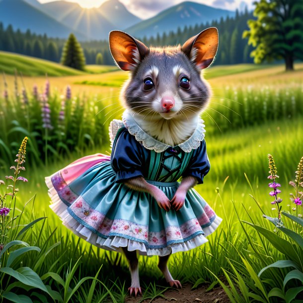 Image d'un opossum dans une jupe dans la prairie