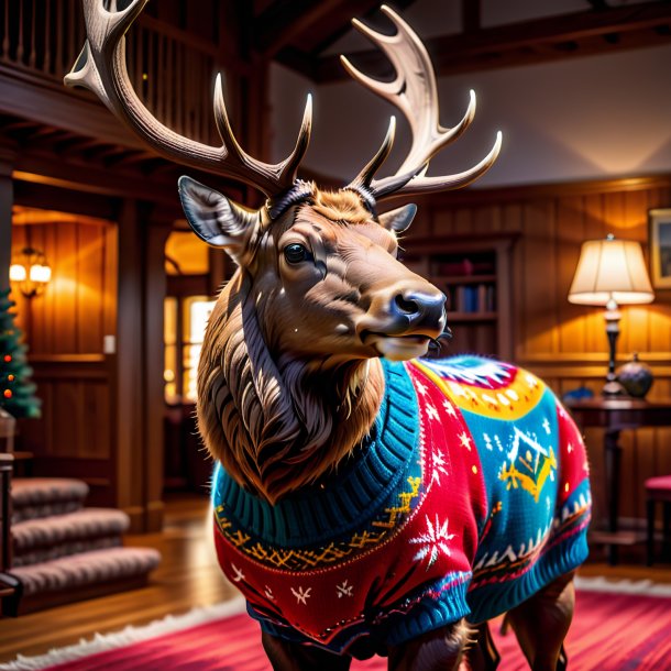 Image of a elk in a sweater in the house