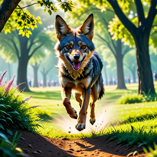 Photo of a jumping of a jackal in the park