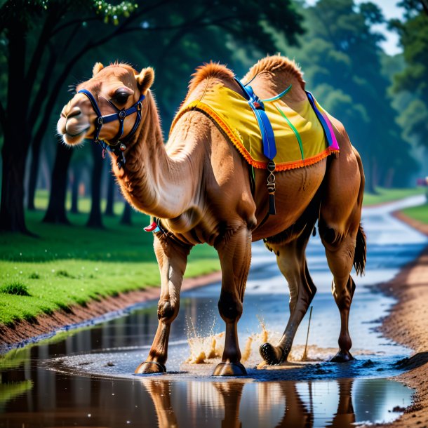 Image of a camel in a vest in the puddle