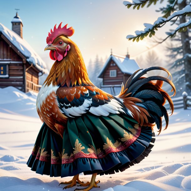 Illustration of a hen in a skirt in the snow