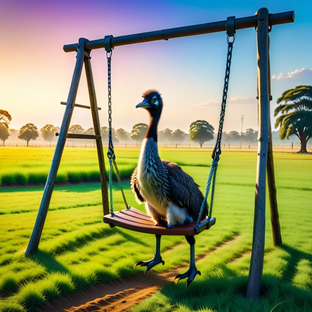 Photo of a swinging on a swing of a emu on the field