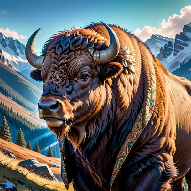 Illustration of a bison in a coat in the mountains