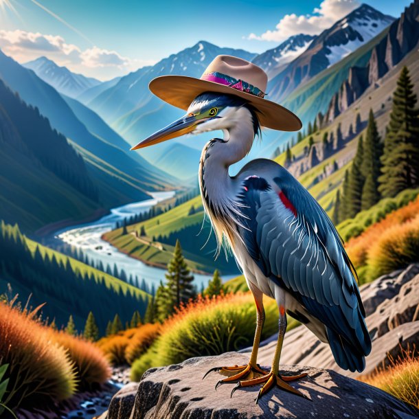 Photo of a heron in a hat in the mountains