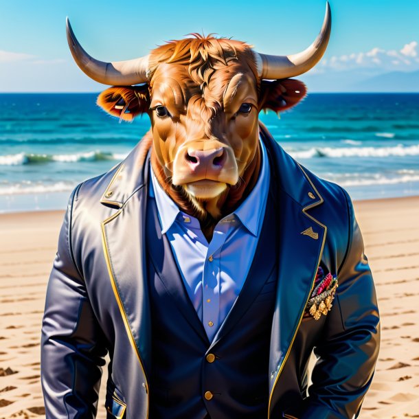 Foto de un toro en una chaqueta en la playa