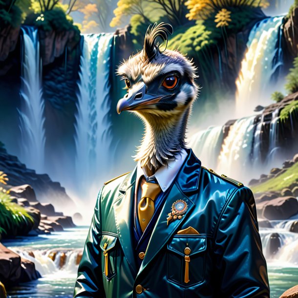 Illustration of a emu in a jacket in the waterfall