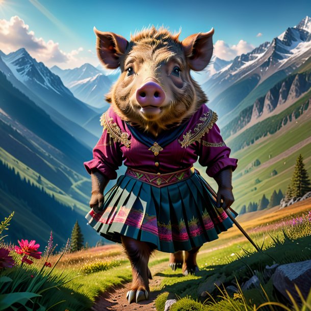 Image of a boar in a skirt in the mountains