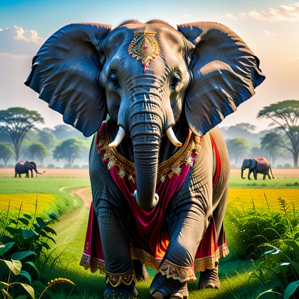 Photo of a elephant in a dress on the field