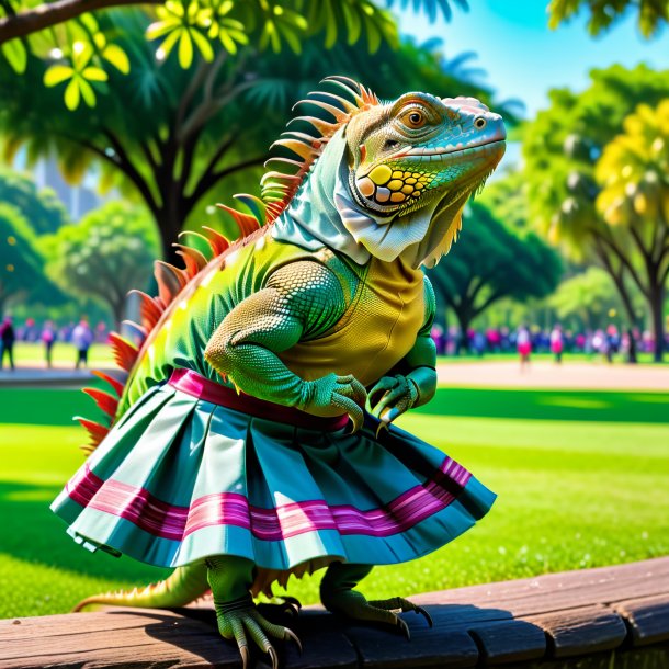 Picture of a iguana in a skirt in the park