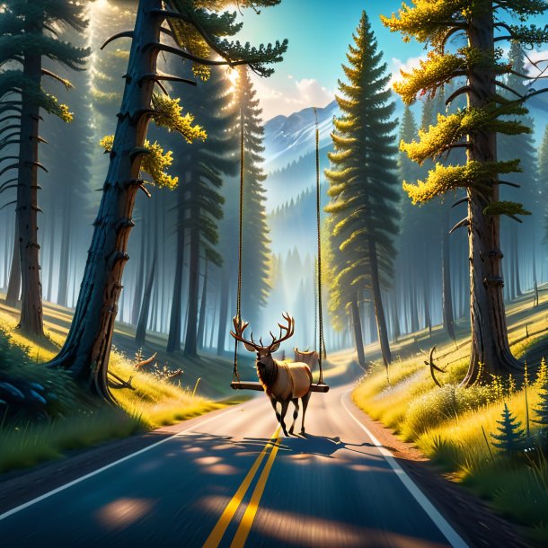 Image of a swinging on a swing of a elk on the road