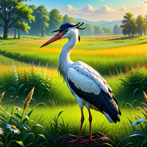 Drawing of a stork in a cap in the meadow