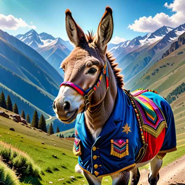 Picture of a donkey in a jacket in the mountains