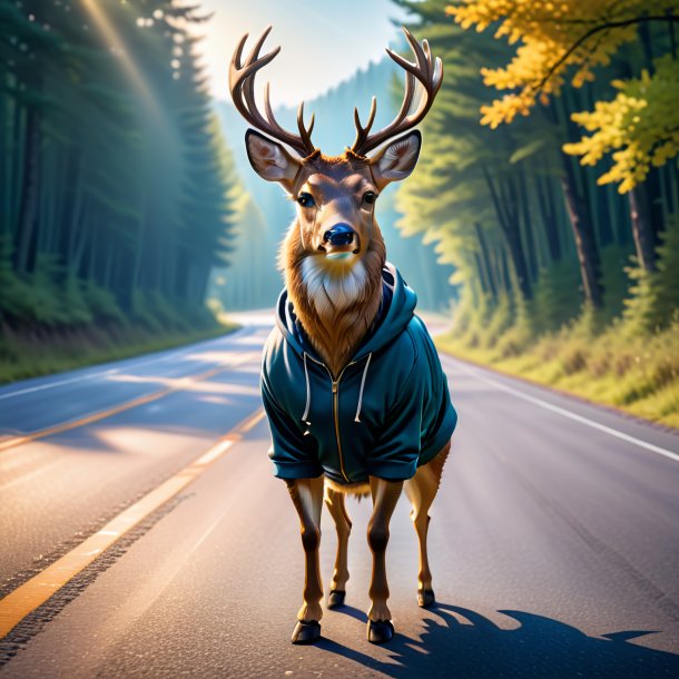 Image d'un cerf dans un sweat à capuche sur la route