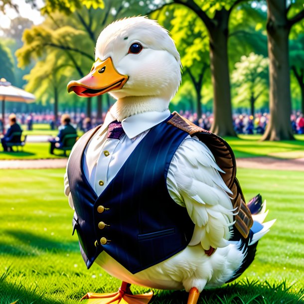 Pic of a duck in a vest in the park