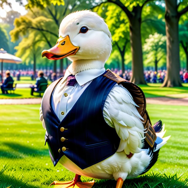 Uma foto de um pato em um colete no parque