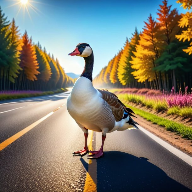 Picture of a goose in a belt on the road