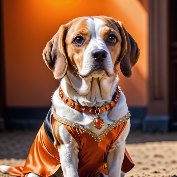 Photo of a beagle in a orange dress