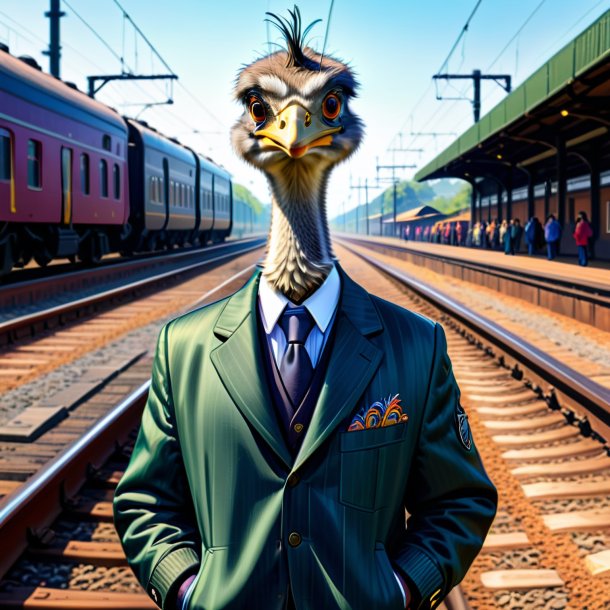 Drawing of a emu in a jacket on the railway tracks