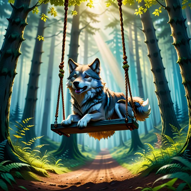 Picture of a swinging on a swing of a wolf in the forest